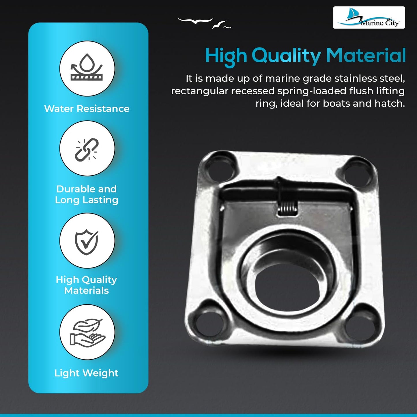 Marine City Anillo de elevación rectangular empotrado con resorte de acero inoxidable de 1-3/4" × 1-1/2" × 3/8" para escotilla de barco (1 unidad) 