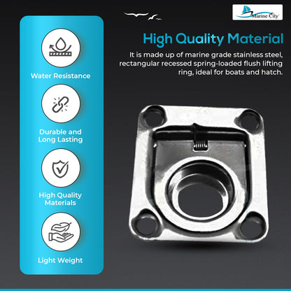 Marine City Anillo de elevación rectangular empotrado con resorte de acero inoxidable de 1-3/4" × 1-1/2" × 3/8" para escotilla de barco (1 unidad) 