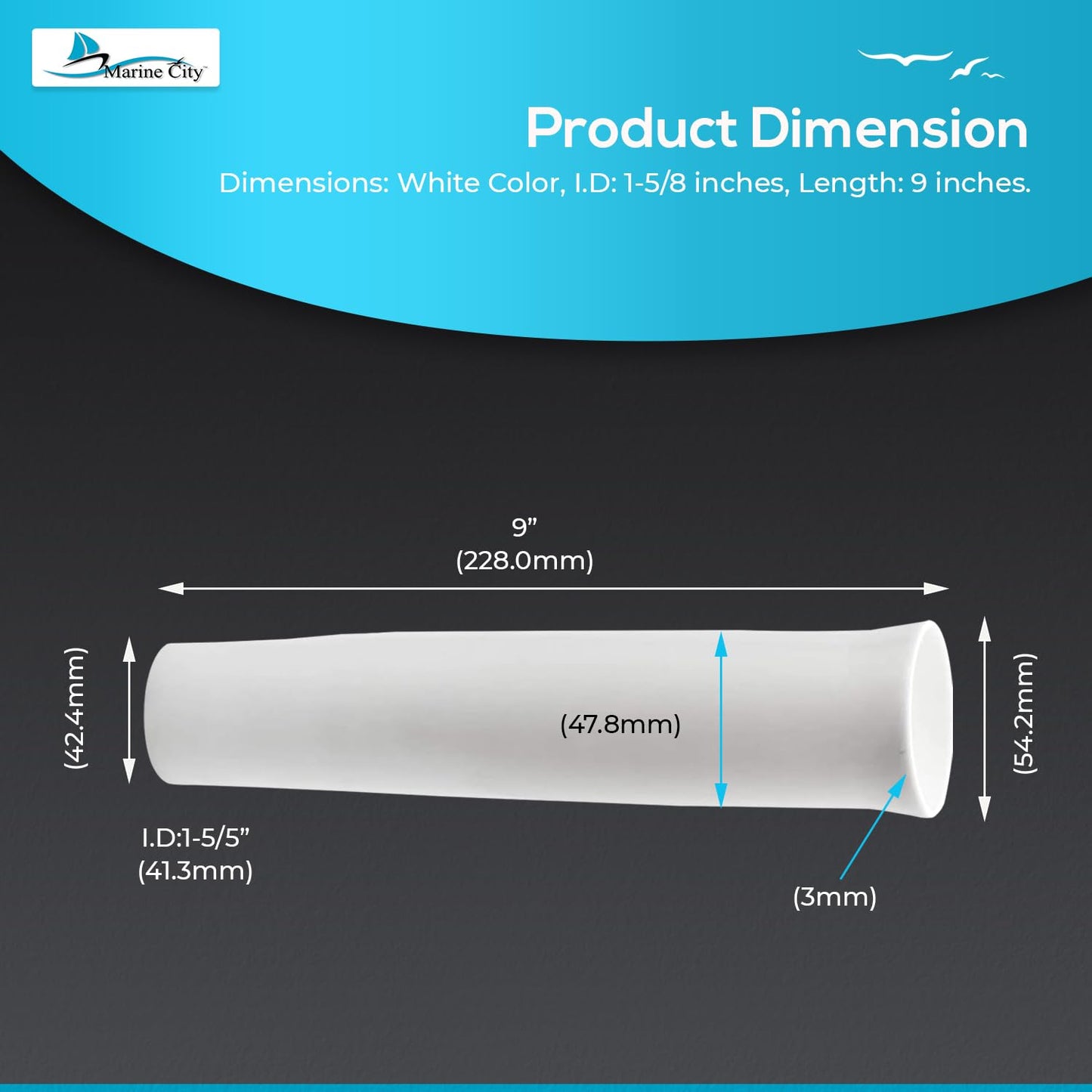 Product dimensions of a Flared Vinyl Insert for Fishing Rod Holder Boat with measurements on a dark background, featuring the Marine City logo.