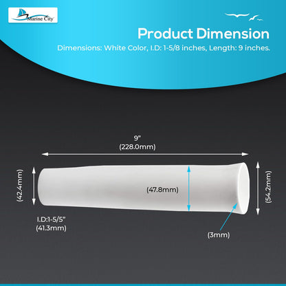 Product dimensions of a Flared Vinyl Insert for Fishing Rod Holder Boat with measurements on a dark background, featuring the Marine City logo.