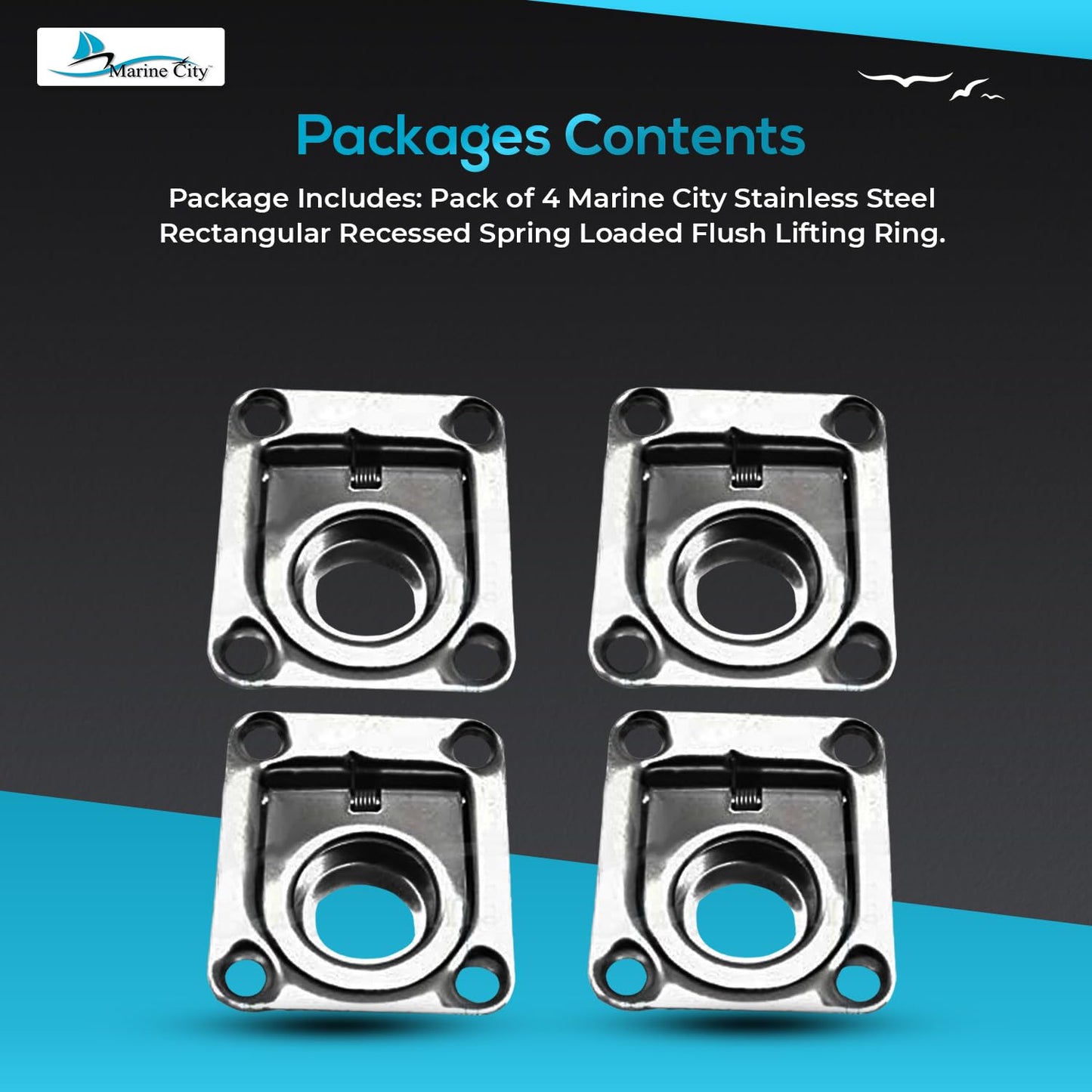 Marine City Anillo de elevación rectangular empotrado con resorte de acero inoxidable de 1-3/4" × 1-1/2" × 3/8" para escotilla de barco (1 unidad) 