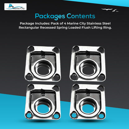 Marine City Anillo de elevación rectangular empotrado con resorte de acero inoxidable de 1-3/4" × 1-1/2" × 3/8" para escotilla de barco (1 unidad) 