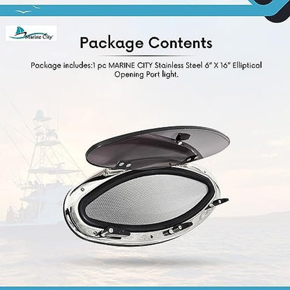 Marine City Elliptical Opening Port Light – 304 Stainless Steel, 6" x 16"