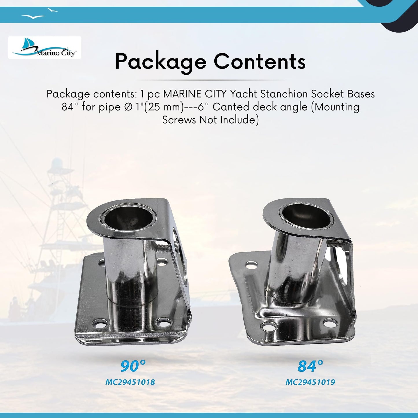 Bases de casquillo para puntal de yate Marine City, 90 grados, para tubo Ø 1"(25 mm)
