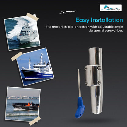 Marine City Adjustable Fishing Rod Holder – 304 Stainless Steel Clamp-On (2 Pcs)