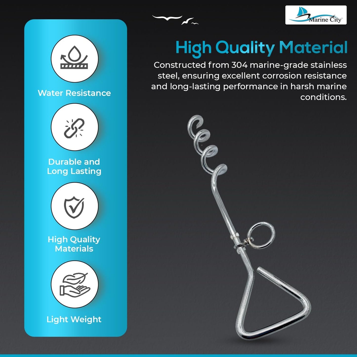 MARINE CITY Ground Anchor with O-Ring, 304 Stainless Steel, 18-inch Spiral Design for Boat Mooring, Tents, and Beach Use
