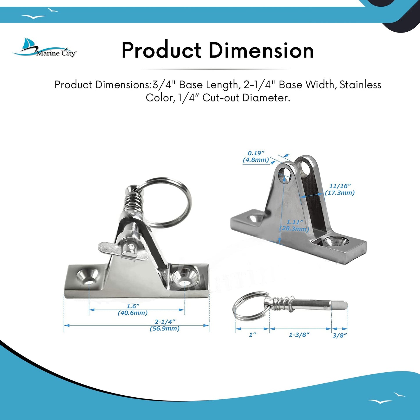 MARINE CITY Stainless Steel Bimini Top Hinge 90° w/ Quick-Release Pin (2 Pcs)