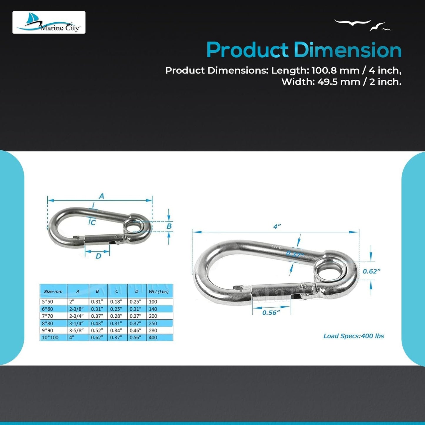 Marine City Carabiner Clip Snap Hook with Ring 4” 316 Stainless Steel, Rustproof Marine City