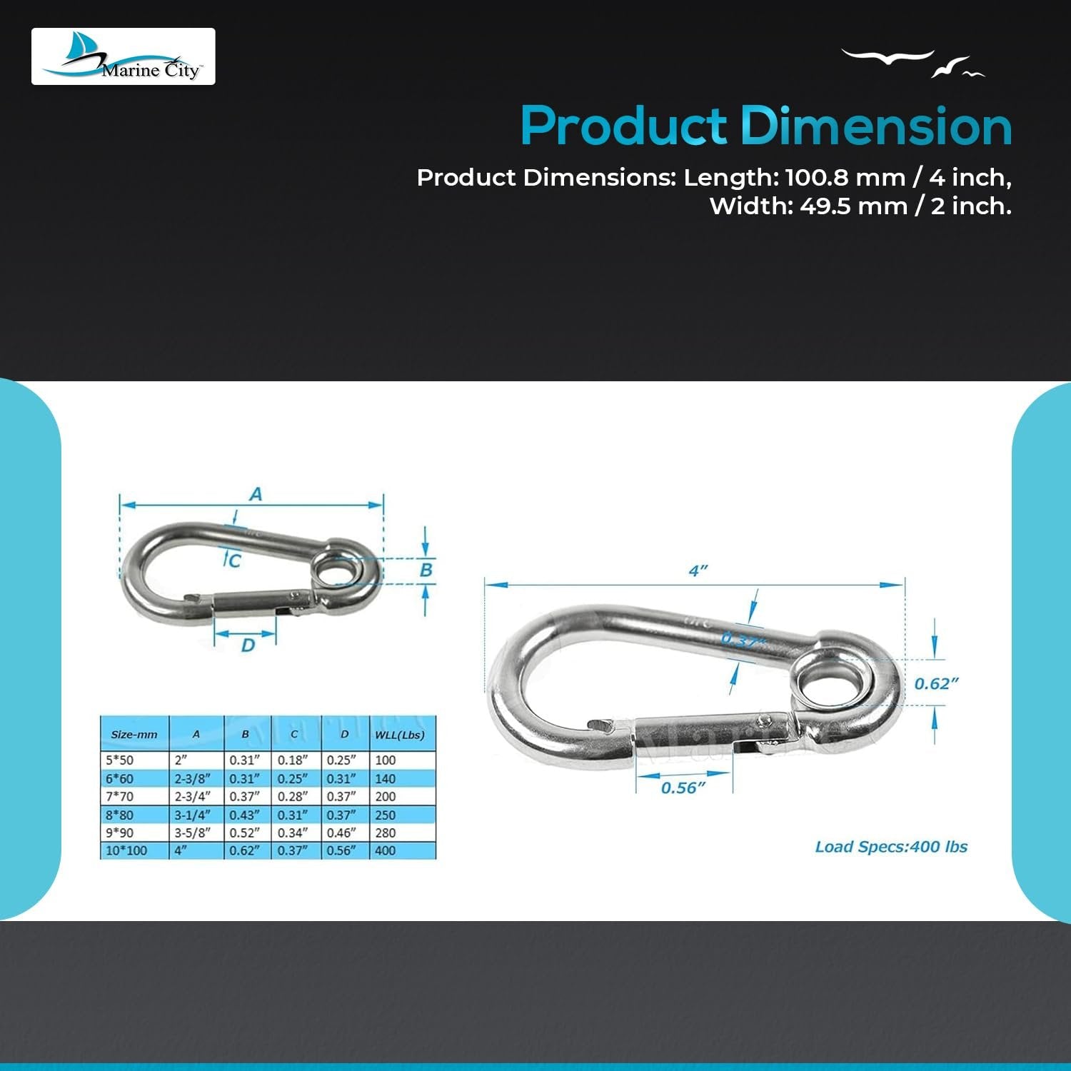 Marine City Carabiner Clip Snap Hook with Ring 4” 316 Stainless Steel, Rustproof Marine City