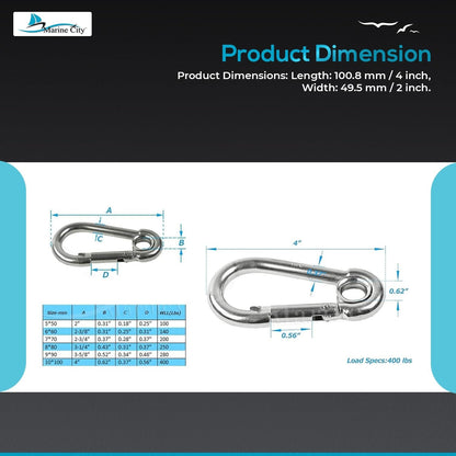 Marine City Carabiner Clip Snap Hook with Ring 4” 316 Stainless Steel, Rustproof Marine City