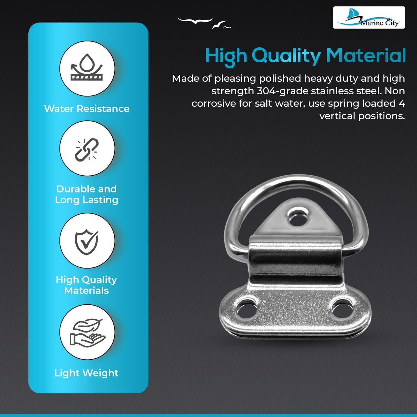 Marine City 2 almohadillas plegables en forma de D de acero inoxidable para barco (2 pulgadas x 2-1/4 pulgadas)