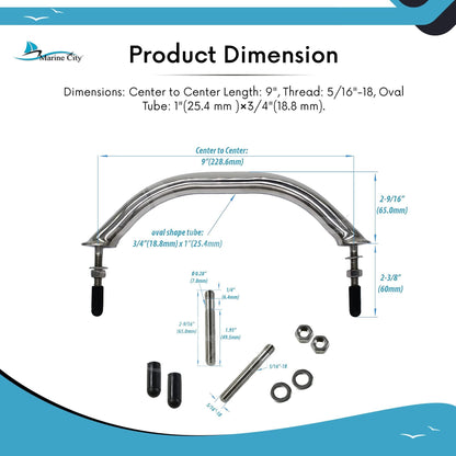 Marine City Handrail Grab Rail Handle, 9 Inch, 304 Stainless Steel, Oval Tube Marine City