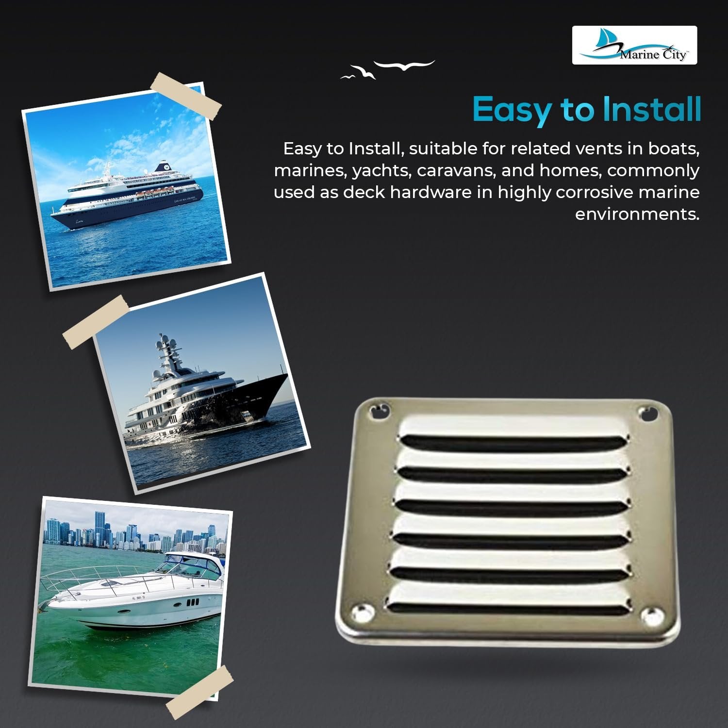 MARINE CITY Rectangle Stamped Louvered Vent – 316 Stainless Steel, 4-13/16” × 5” MARINE CITY