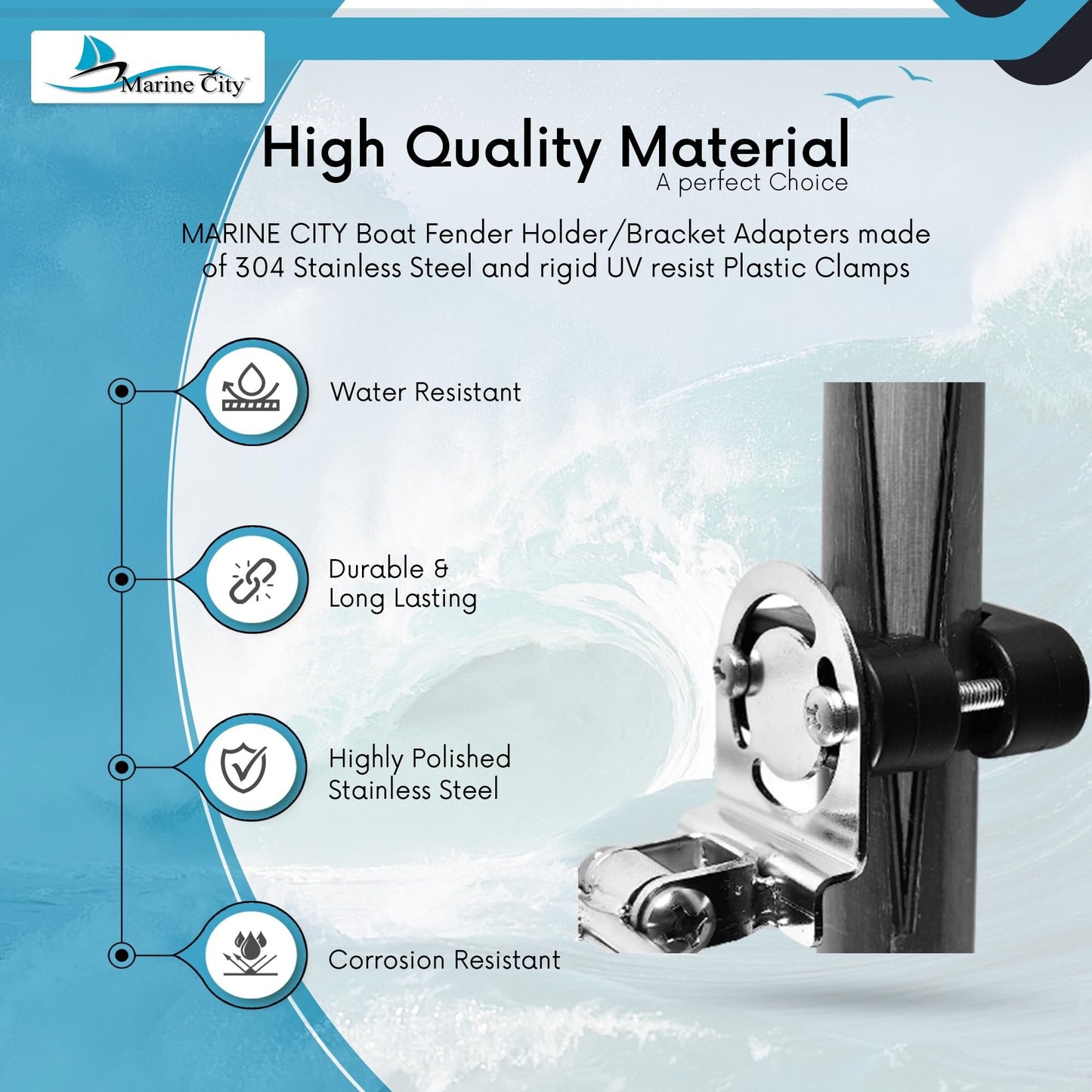 Marine City Boat Fender Holder Bracket Adapters – Stainless Steel (Pack of 2) MARINE CITY