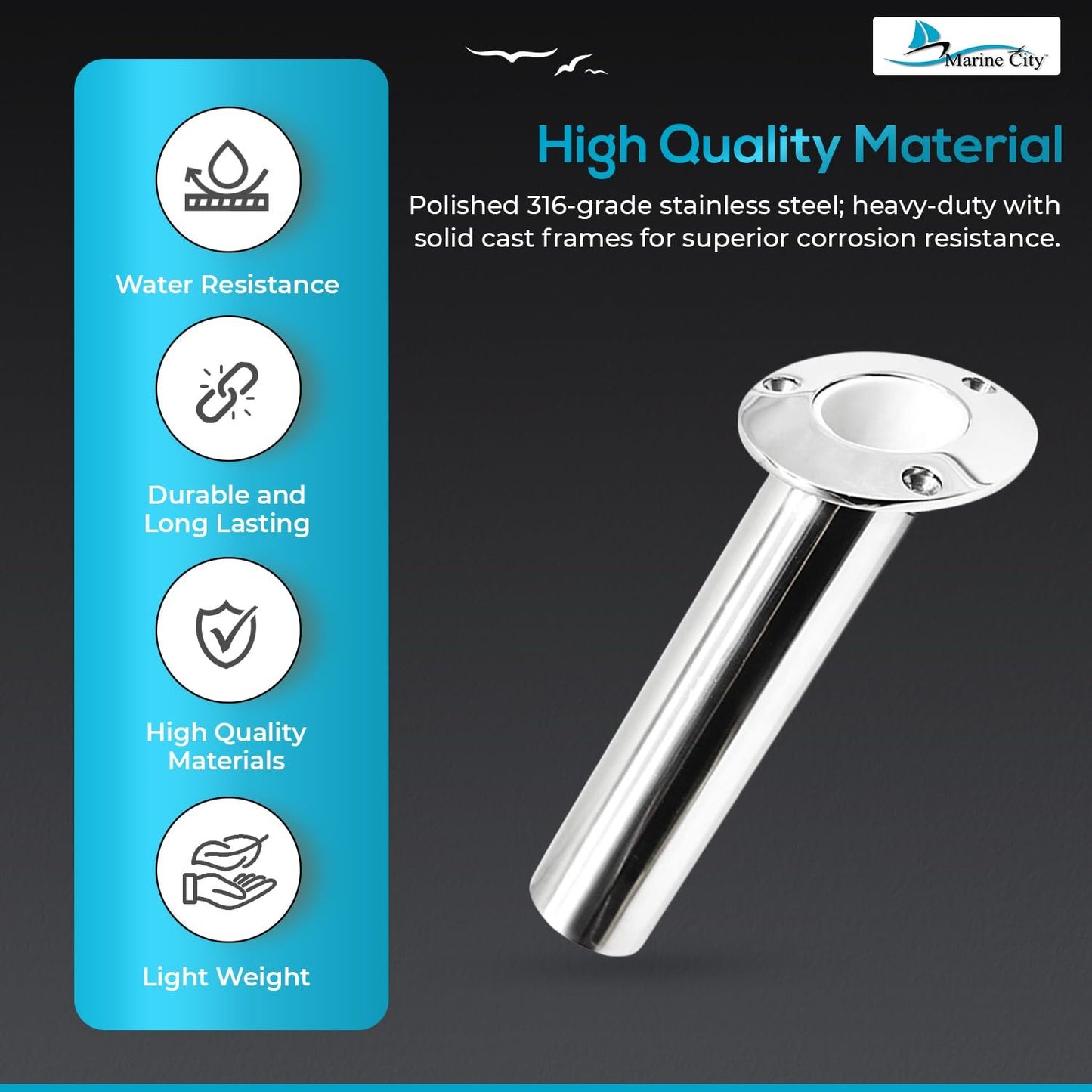 Marine City 316 Stainless Steel Flush-Mount Fishing Rod Holder with Drain