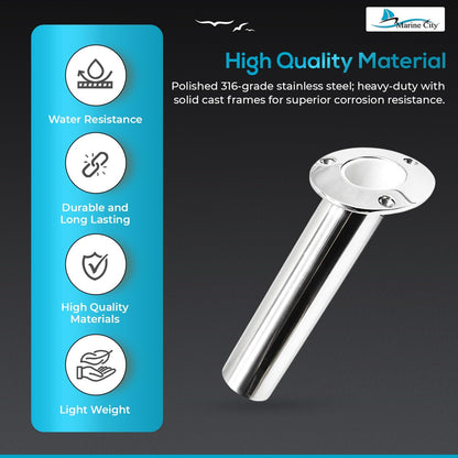 Marine City 316 Stainless Steel Flush-Mount Fishing Rod Holder with Drain