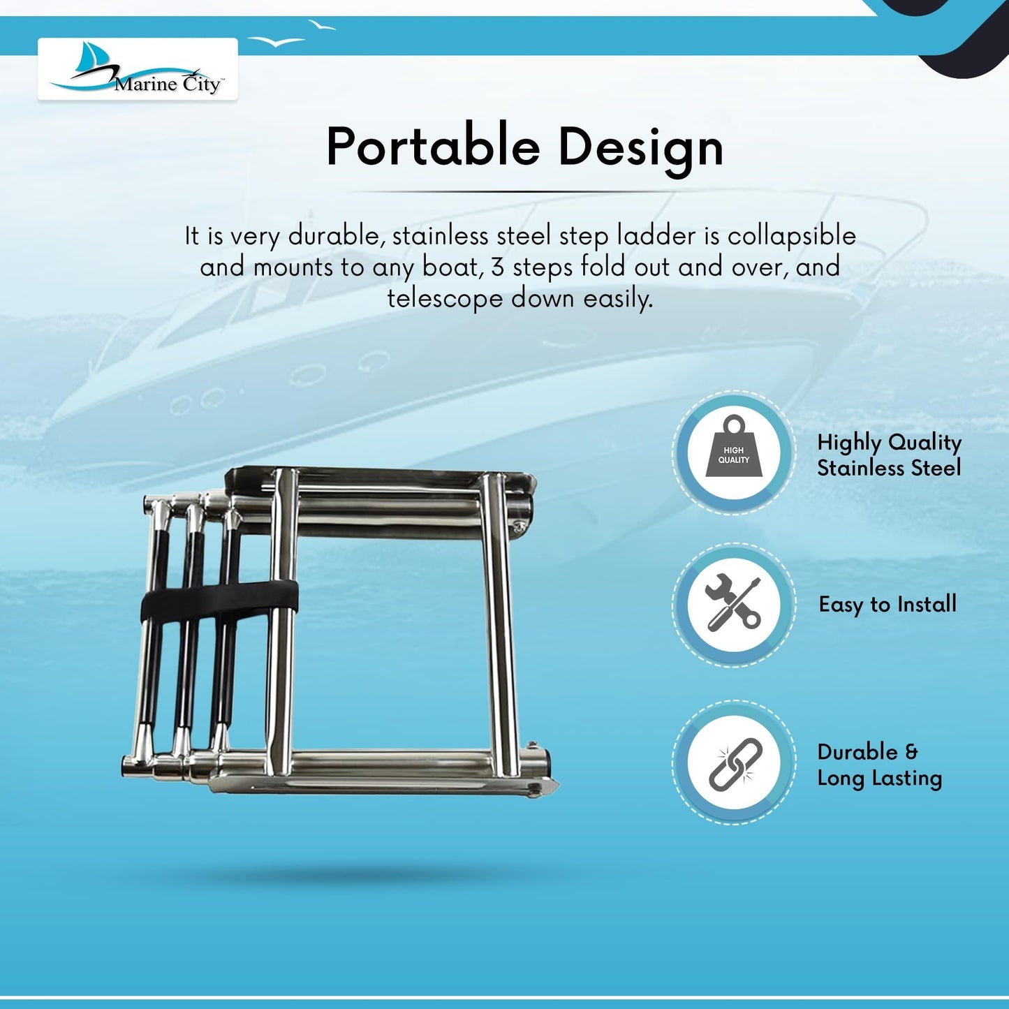 MARINE CITY 3-Step Telescoping Swim Platform Ladder – 304 Stainless Steel Marine City Hardware
