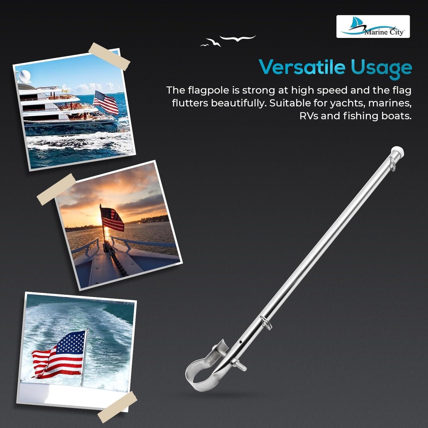 Marine City Stainless Steel Rail Mount Flag Pole Base – 304 Marine Stainless Marine City Hardware