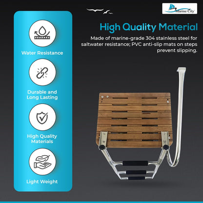 Marine City Escalera telescópica de plataforma de teca para natación de 3 escalones O/B de acero inoxidable para barcos, barcos