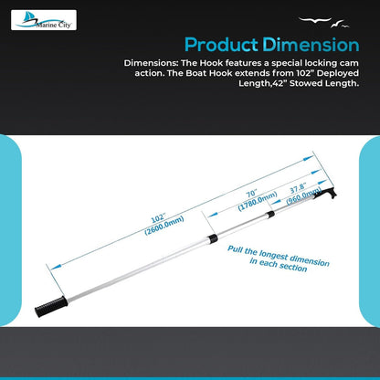Marine City 3-Step Telescoping Boat Hook – Anodized Aluminum, Adjustable Marine City Hardware