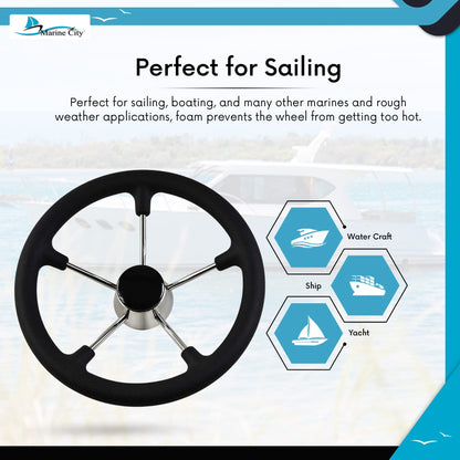 Marine City Volante de acero inoxidable para barco de 13-1/2 pulgadas con agarre de espuma negra (diámetro: 13-1/2 pulgadas)