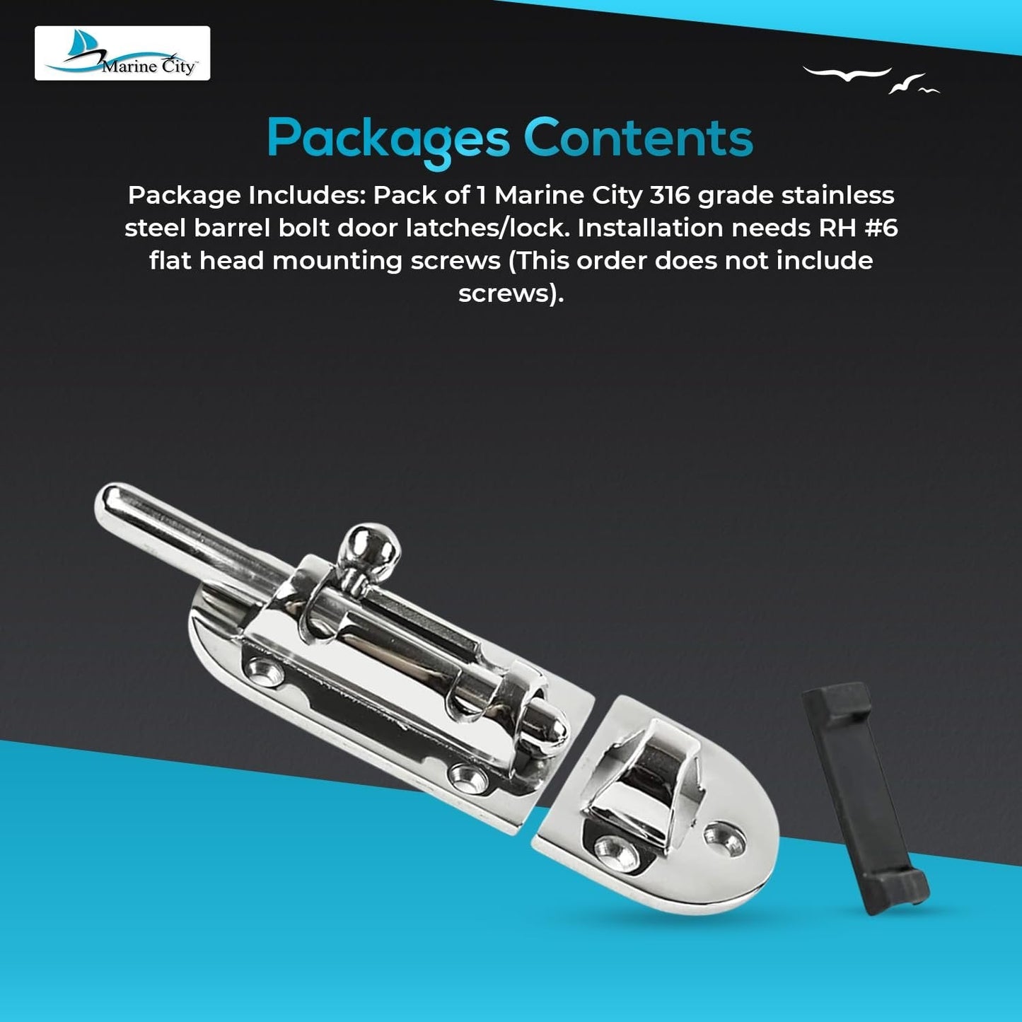 Marine City Barrel Bolt Door Latch – 316 Stainless Steel, Large, Slide Lock Marine City Hardware