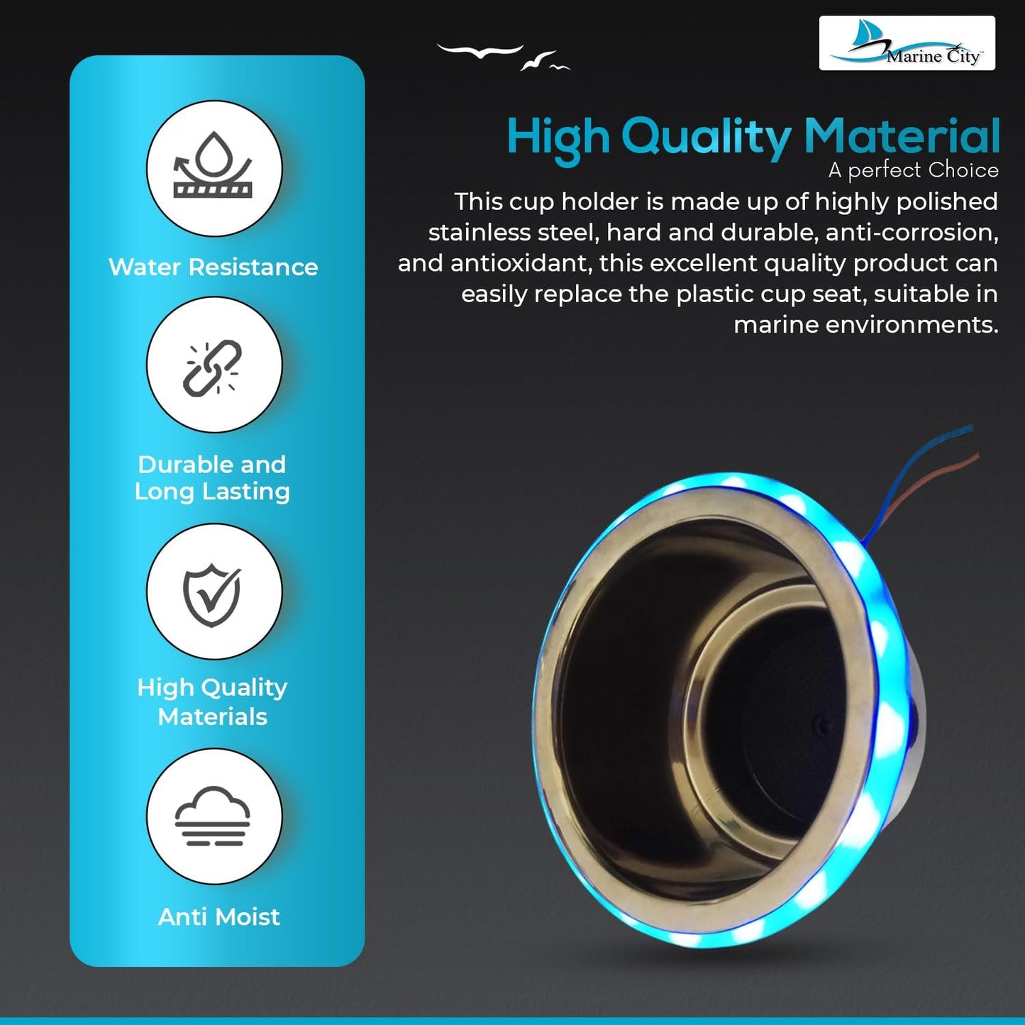 Marine City Stainless Steel Blue LED Ring Cup Holder with Center Drain (2 Pcs) Marine City Hardware