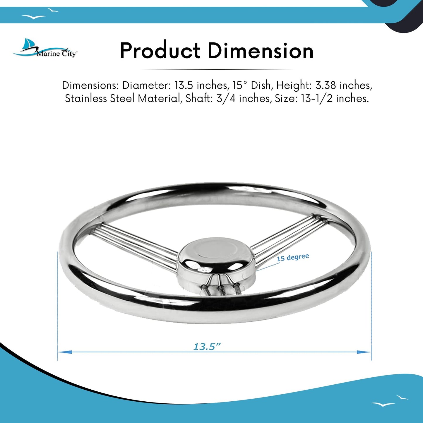 Marine City 316 Stainless Steel Steering Wheel 9 Spoke – 13-1/2” Diameter