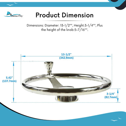 MARINE CITY 3-Spoke Steering Wheel with Knob – 13-1/2” 304 Stainless Steel