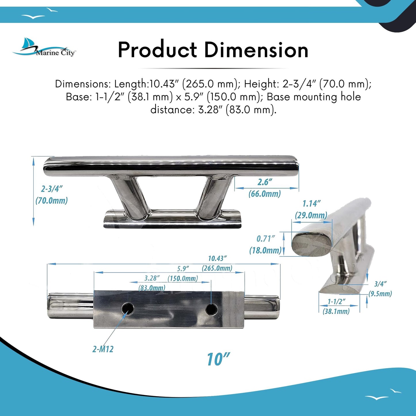 Marine City - Taco de amarre de acero inoxidable 316 resistente de 10.0 in con base curvada para barco marino, caravana, coche, remolque, vela