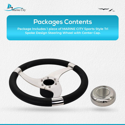 Marine City Tri-Spoke Steering Wheel, Stainless Steel, 13-1/2" with PU Foam Grip