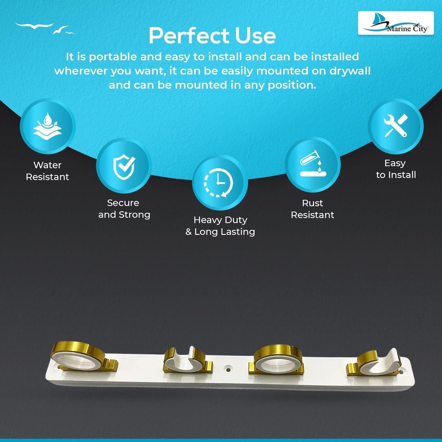 Marine City Carrete de 4 cañas Tablero de poliéster Blanco Aluminio Recubrimiento en Polvo de Oro Brillante Estante de Almacenamiento para cañas de Pescar para Barcos, Furgonetas y Coches