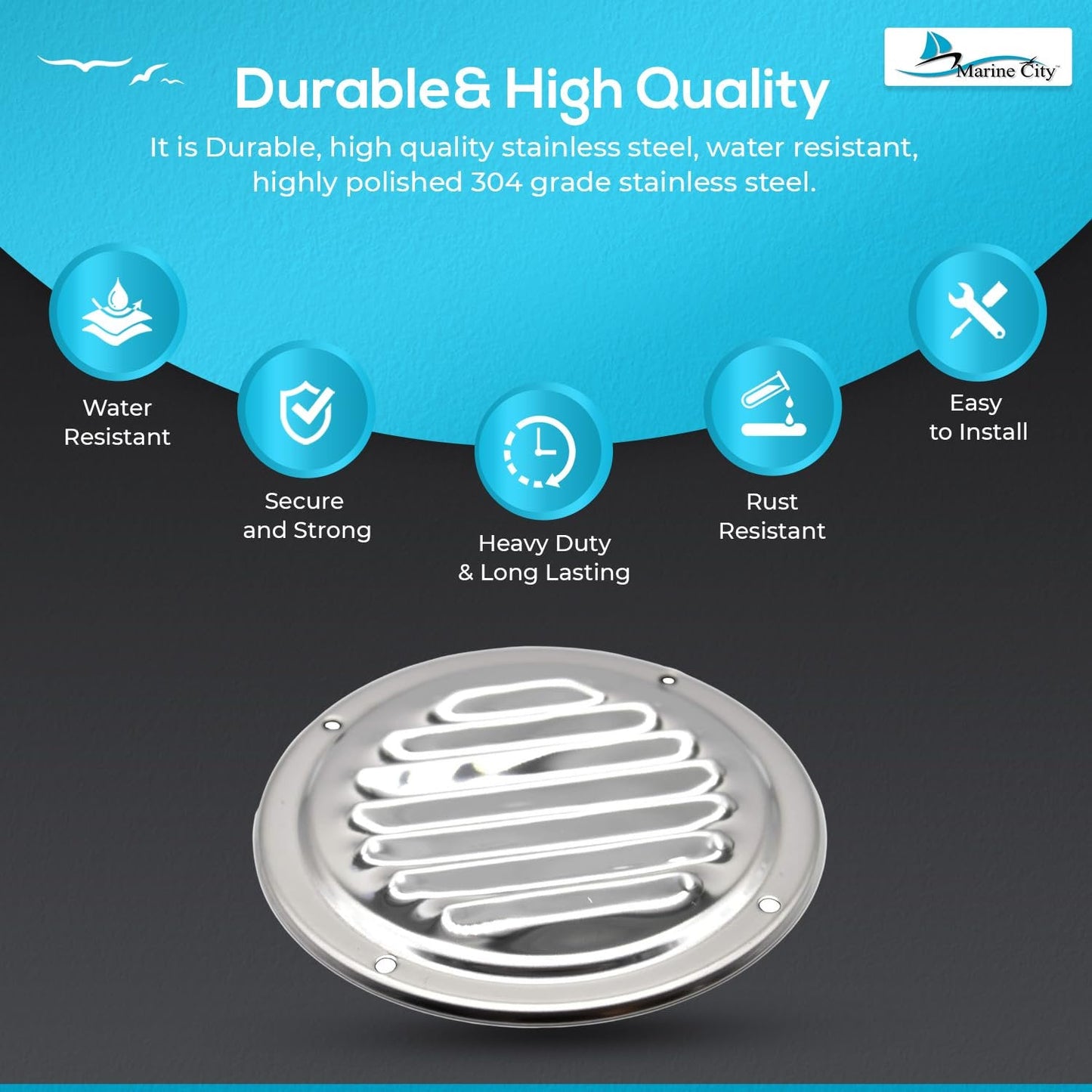 Marine City 304 Stainless Steel Round Louvered Vent – 5 Inch, Weather-Resistant Marine City