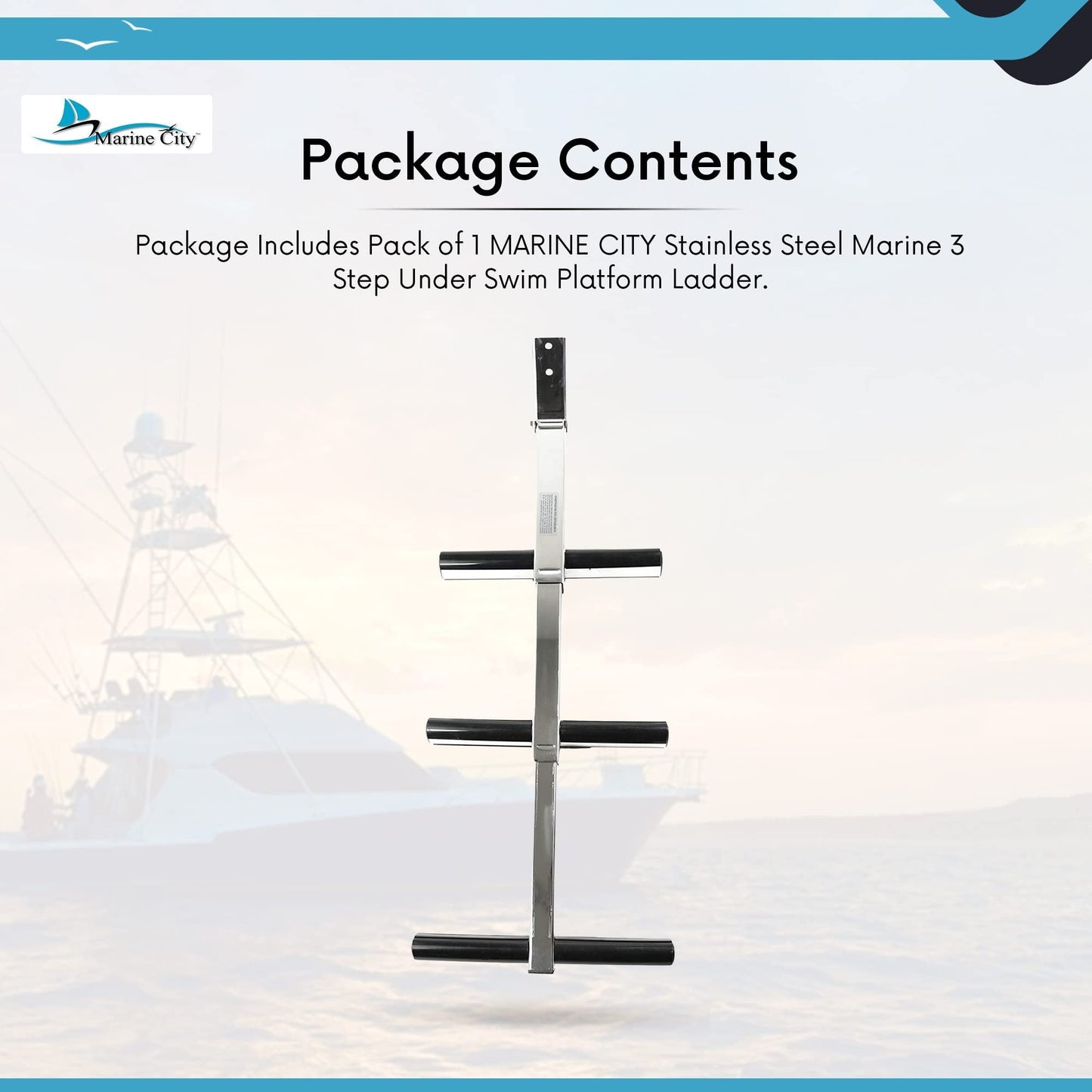 Marine City 3 Step Telescoping Ladder, Stainless Steel, Flip-Up, Anti-Slip Steps Marine City Hardware