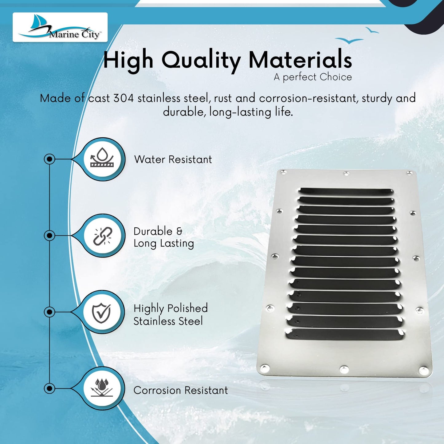 Marine City 316 Stainless Steel Rectangle Stamped Louvered Vent – 5 × 9 Inches