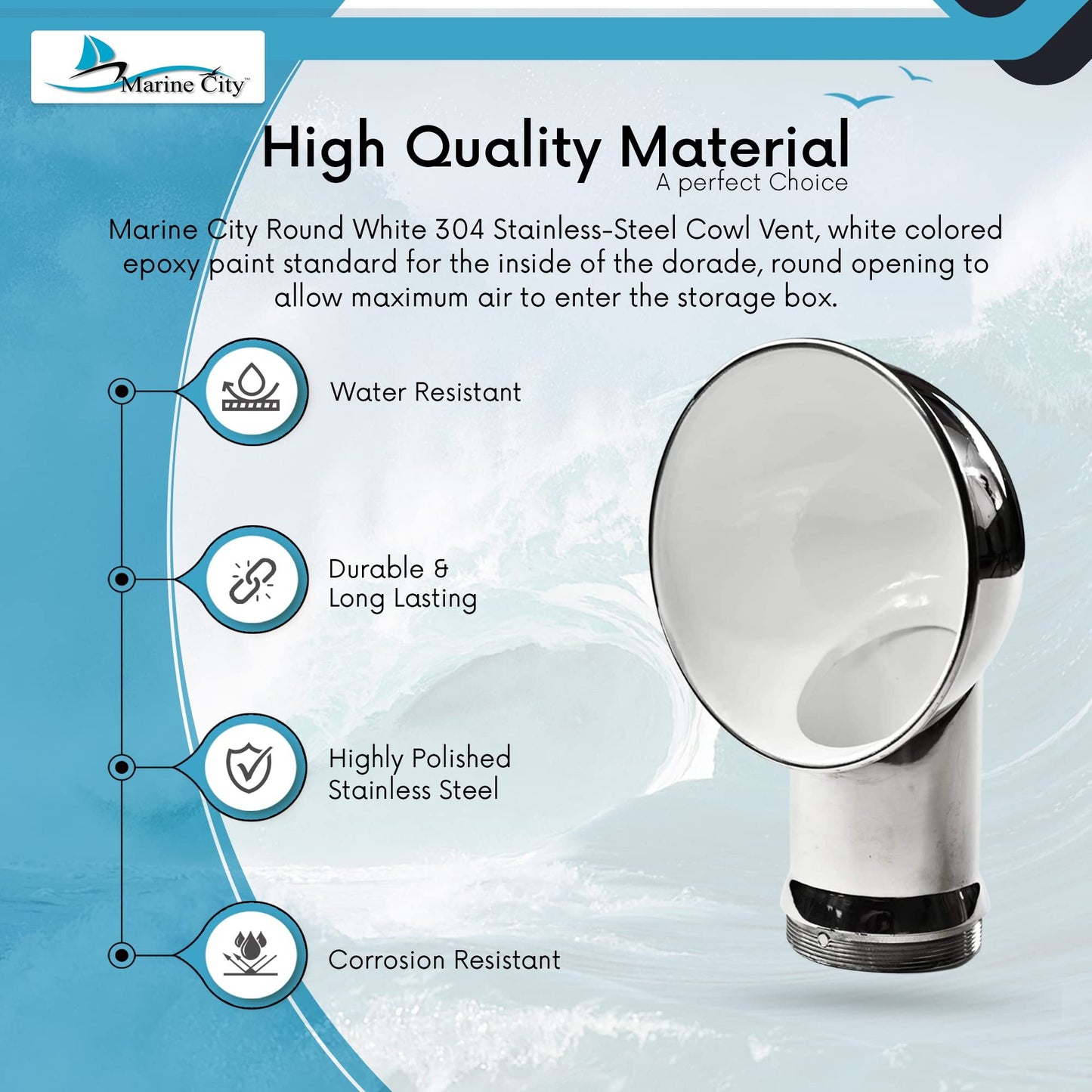 Marine City 4-Inch Round White Cowl Vent 304 Stainless Steel Corrosion-Resistant