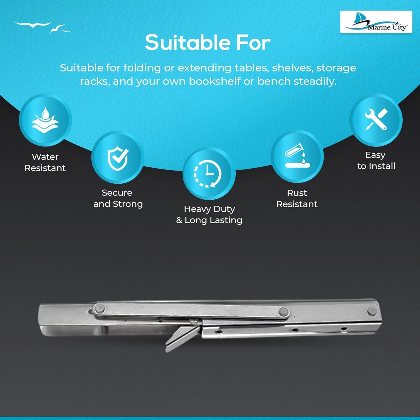 Marine City 304 Stainless Steel Folding Table Bracket – 12” Long Release Arm