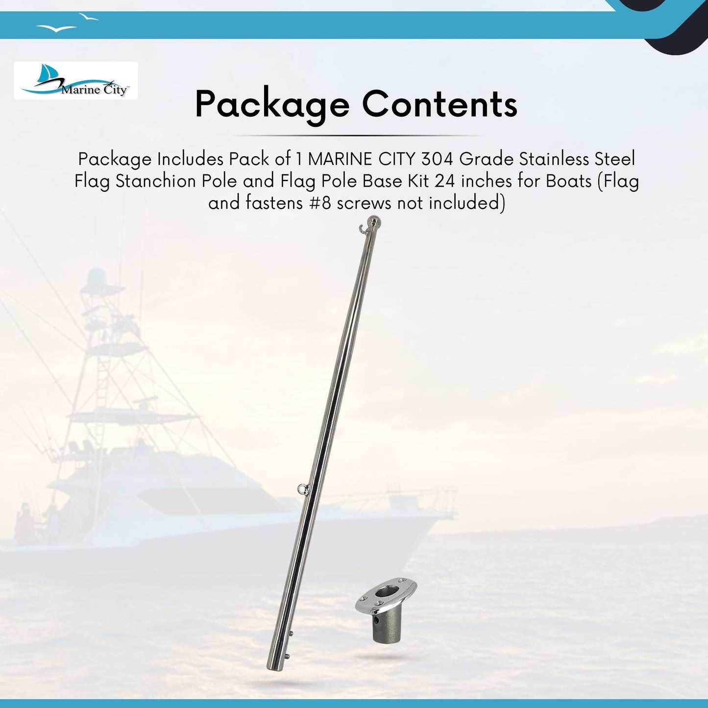 MARINE CITY Flag Stanchion Pole & Base Kit – 24-Inch Adjustable Stainless Steel