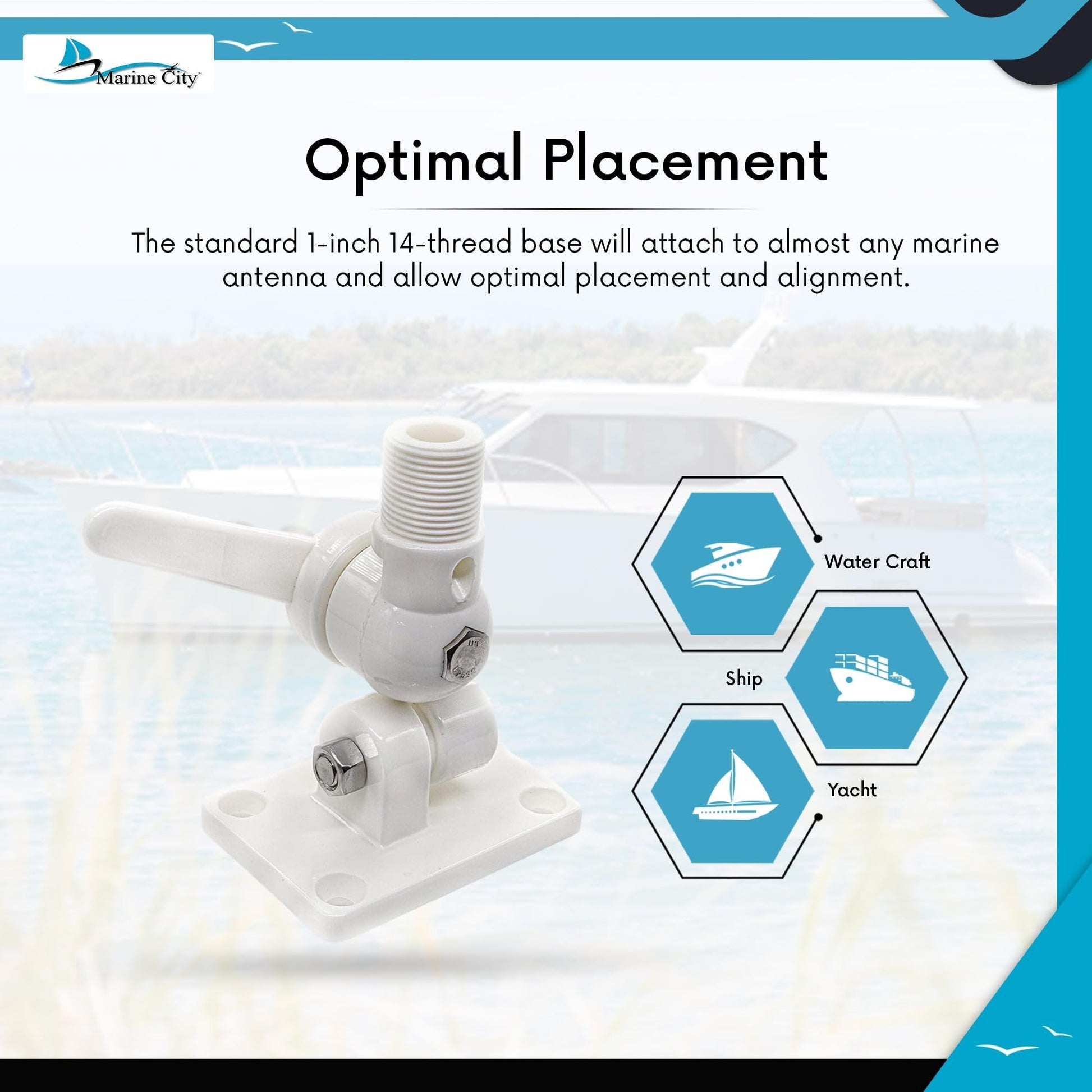 Marine City White Nylon Antenna Mount Heavy-Duty 1"-14 Thread Base, UV-Resistant Marine City