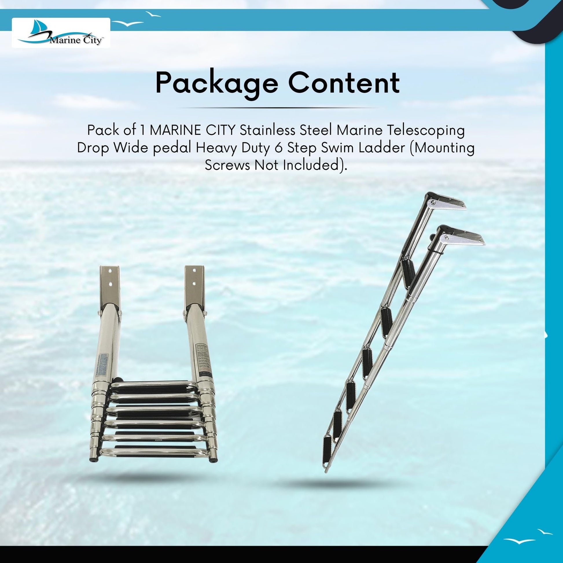 MARINE CITY 6-Step Telescoping Swim Ladder – 304 Stainless Steel, Wide Pedals MARINE CITY