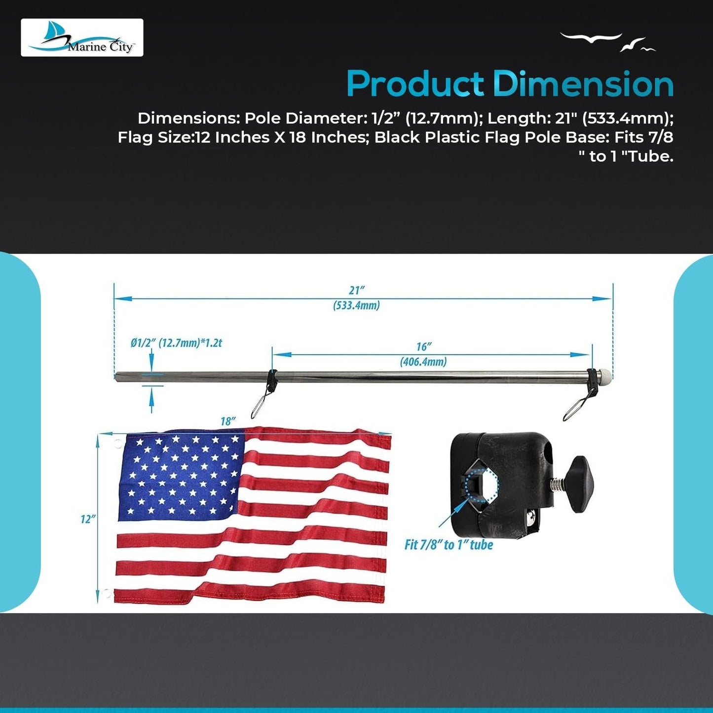 Marine City 21" Rail Mounted Flag Staff – 304 Stainless Steel, with US Flag Marine City