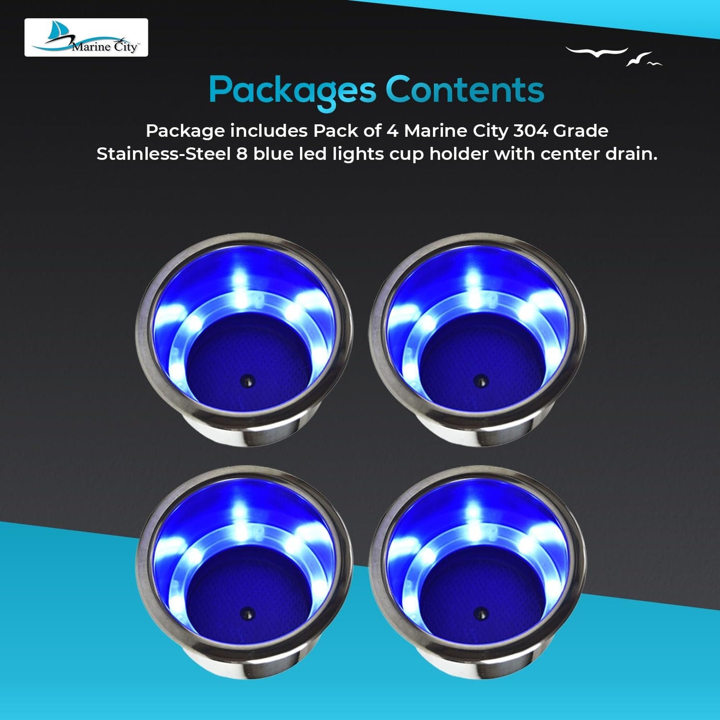 Marine City 8 Blue LED 12V Illuminated Stainless Steel Cup Holder with Drain