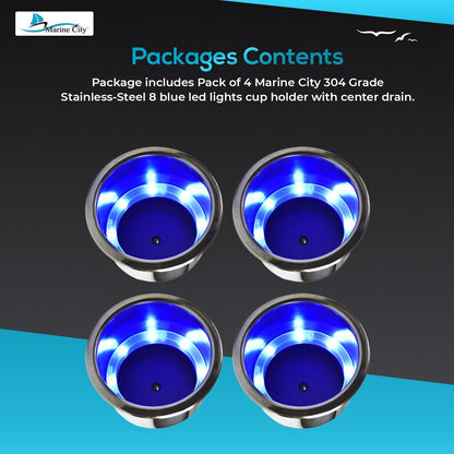 Marine City 8 Blue LED 12V Illuminated Stainless Steel Cup Holder with Drain