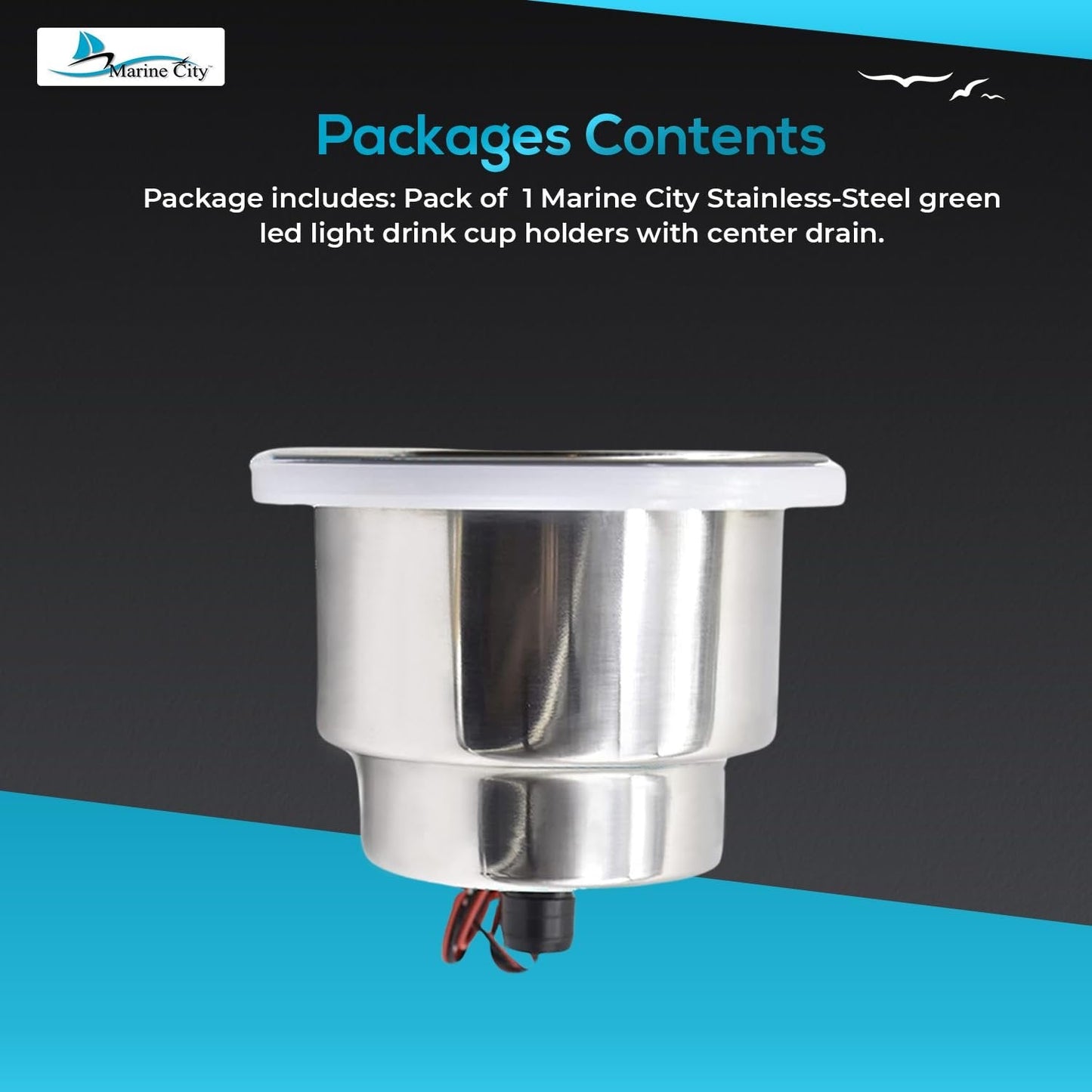 Marine City Stainless Steel Green LED Cup Holder with Drain Corrosion-Resistant Marine City