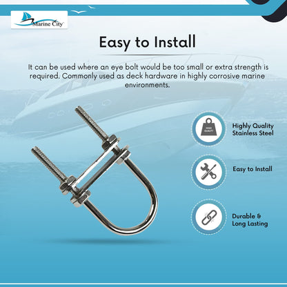 Marine City Bow Eye U-Bolt, 3/16” 304 Stainless Steel, 2-3/4” Length, Heavy Duty