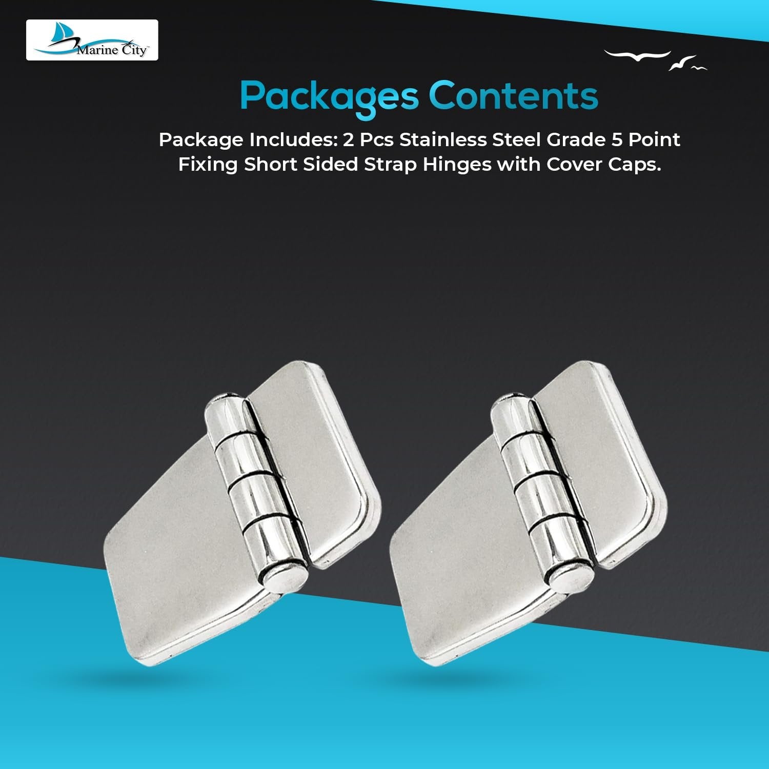 Marine City Stainless Steel 5-Point Fixing Short Sided Strap Hinges with Cover Cap Marine CIty