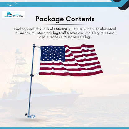Marine City 32-Inch 304 Stainless Steel Flag Pole With Base & 15x25” US Flag