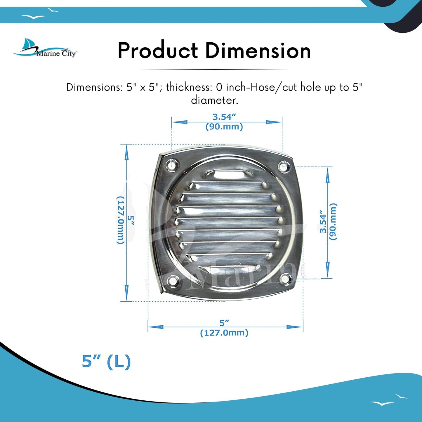 Marine City 5" Thru Louvered Vent, 304 Stainless Steel, Rust-Resistant, Polished Marine City