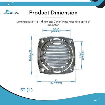 Marine City 5" Thru Louvered Vent, 304 Stainless Steel, Rust-Resistant, Polished Marine City