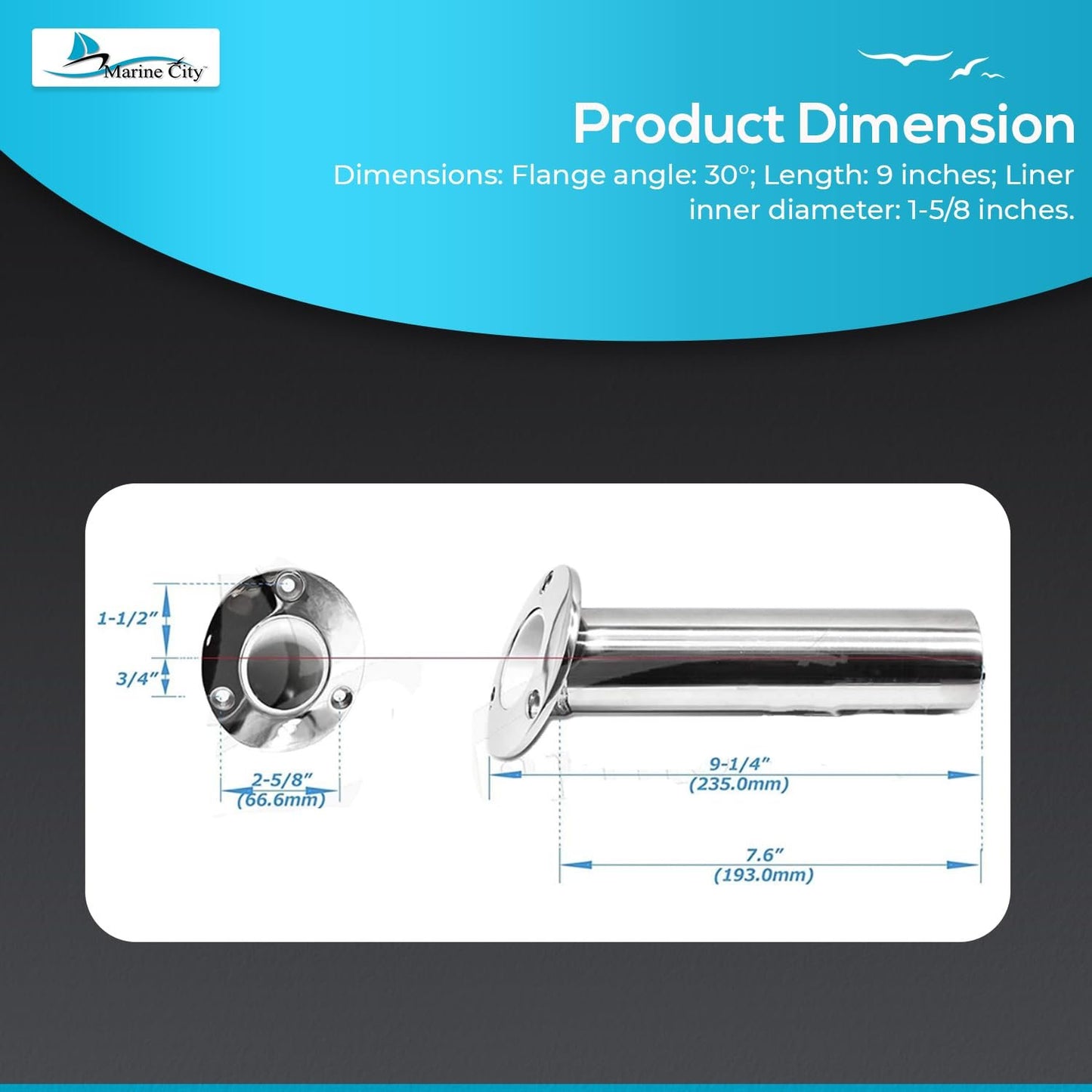 Marine City 316 Stainless Steel Flush-Mount Fishing Rod Holder with Drain